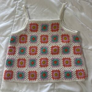 Crochet Square Tank Top - White with Coral, Teal & Lavender